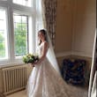 Real Bride in Floral Lace A-Line Wedding Dress with Beaded V-Neckline Called Sasha by Maggie Sottero