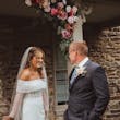 Bride Wearing Sheath Wedding Dress With Pearls Drew Marie By Maggie Sottero