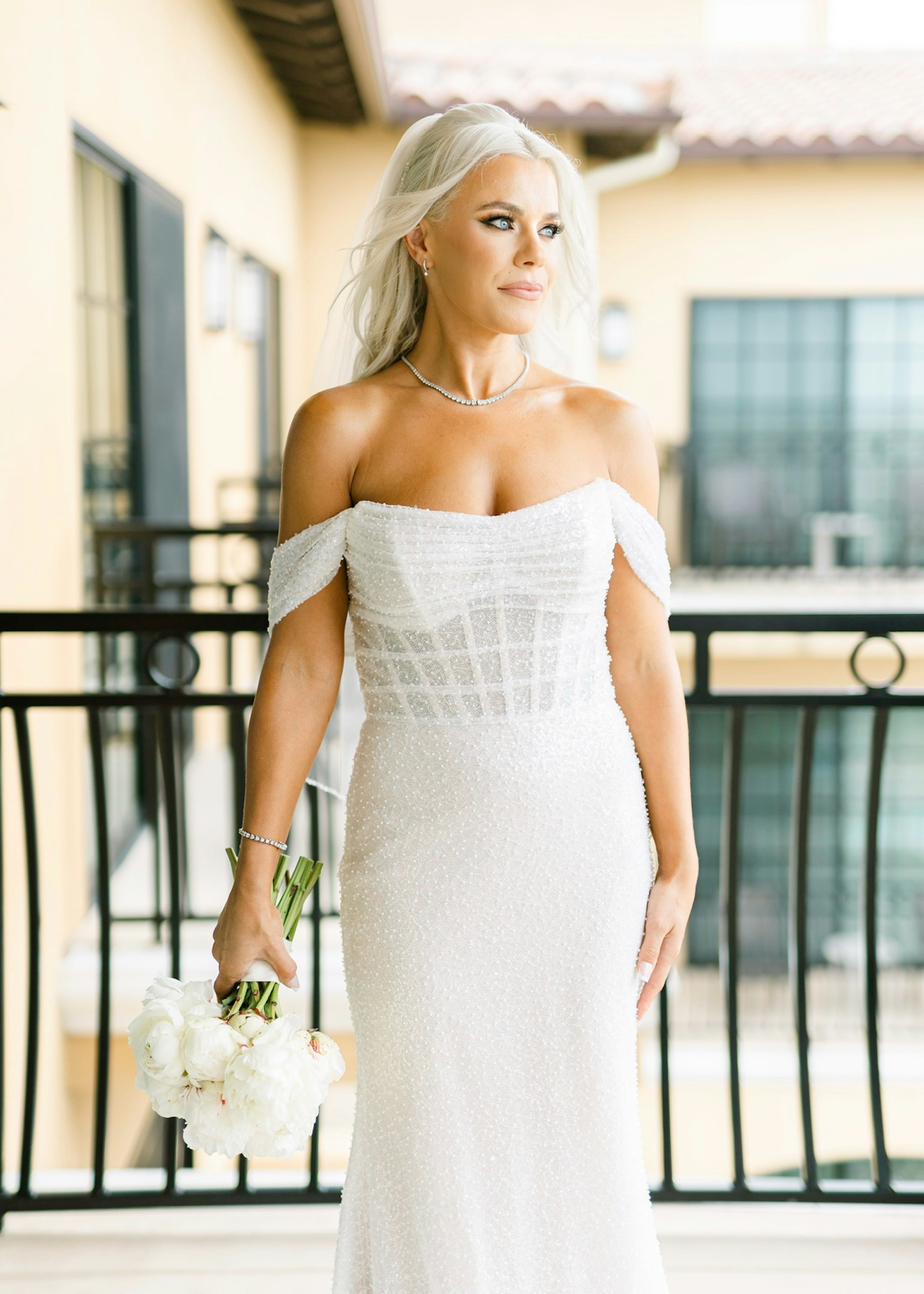 Bride Wearing Pearl Sparkly Bridal Gown Called Drew By Maggie Sottero