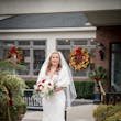Winter Bride Wearing Vintage Sheath Wedding Dress With Lace and Pearls Called Delilah By Maggie Sottero