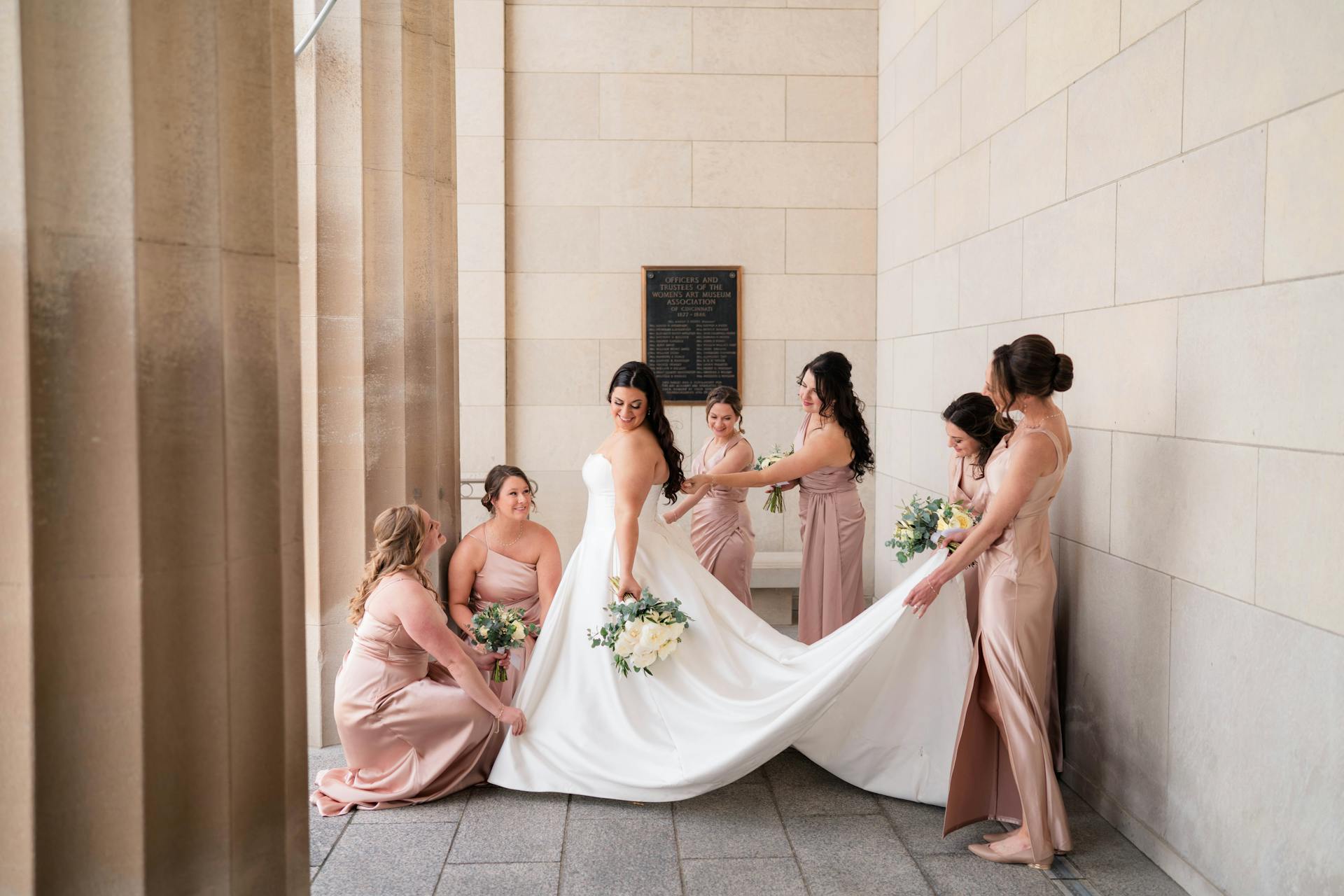 Bride Wearing Sparkly Aline Wedding Dress Called Fortune Royale By Maggie Sottero With Her Bridesmaids