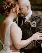 Real Bride in Nature-Inspired Tulle Wedding Dress with Plunging V-Neckline Called Jenessa by Rebecca Ingram