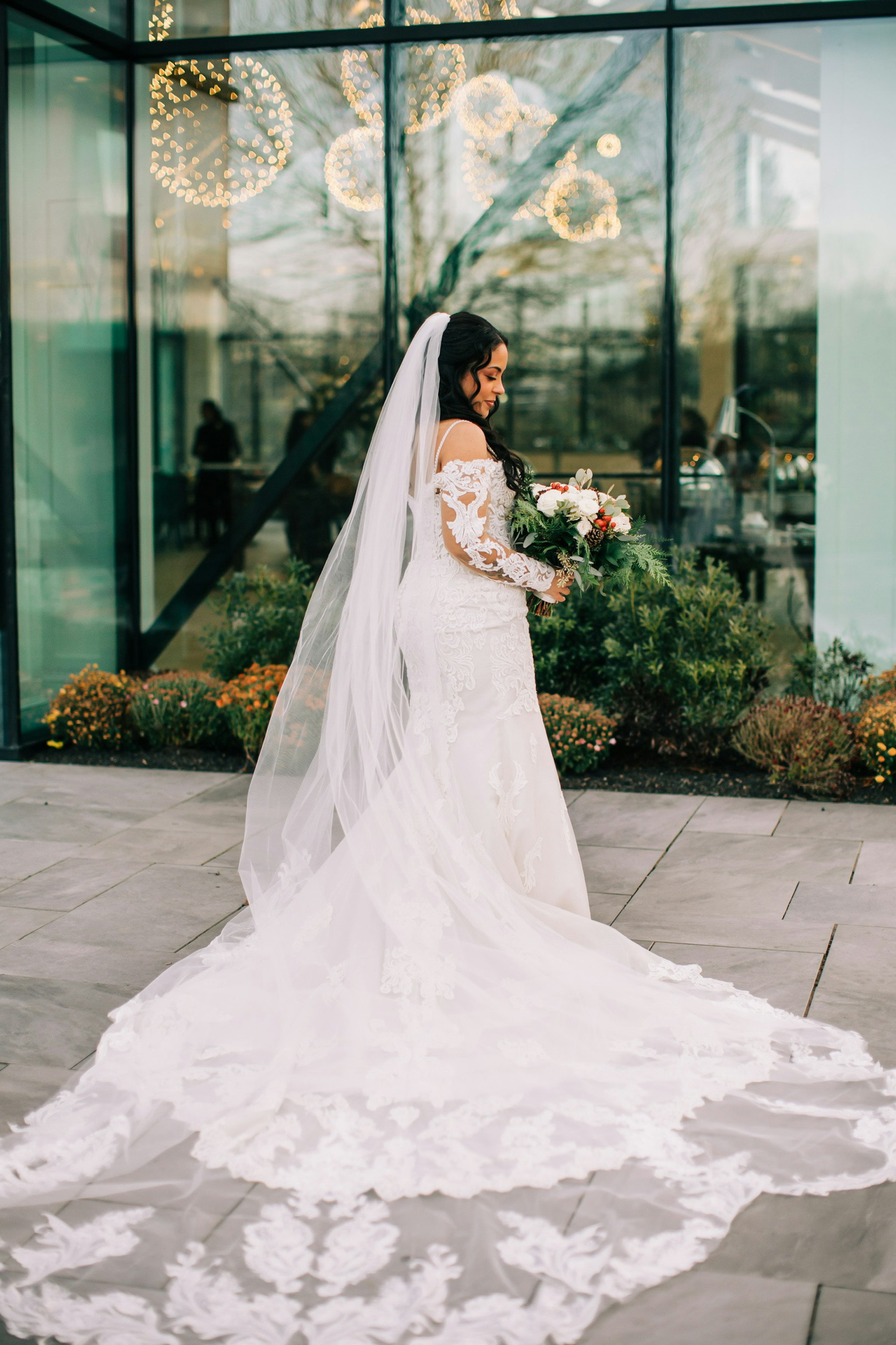 Bride Wearing Sexy Lace Wedding Dress Called Fiona By Maggie Sottero With Lace Veil