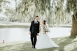 Groom With Bride Wearing White Lace A-line 