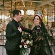 Bride Wearing Black Lace Wedding Dress Called Zander Lane By Sottero And Midgley With Groom Looking At Her