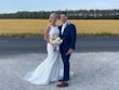 Real Bride in Bead Embroidery Deep Keyhole Back Wedding Dress Named Bellarose By Rebecca Ingram with Groom