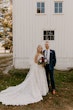 Bride Wearing Square Neck Long Sleeve Floral Wedding Dress Called Sawyer By Sottero And Midgley With Groom Outside