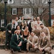 Bride Wearing Floral Jacquard Princess Wedding Gown Called Cyprus By Sottero And Midgley With Bridal Party In Green And Tan