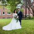 Groom With Bride Wearing Long Sleeve Ball Gown Wedding Dress With A Tiered Organza Skirt Tessa By Rebecca Ingram