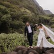 Bride On Beach With Groom In Strapless Wedding Dress Called Monaco By Maggie Sottero