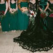 Bride Wearing Black Lace Wedding Dress Called Zander Lane By Sottero And Midgley With Bridesmaids In Jade Green Dresses