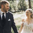 Bride Wearing Lace Aline Bridal Gown Called Harlem By Maggie Sottero Smiling At Groom