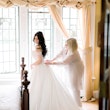 Bride wearing off the shoulder luxury ballgown wedding dress