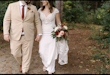 Bride Wearing Crepe Lace Wedding Dress Called Anson By Sottero And Midgley Holding Hands And Walking With Groom