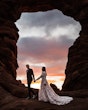 Groom With Bride Wearing A White A Line Wedding Dress Named Keisha By Maggie Sottero At Sunset