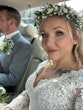 Bride In Long Sleeve Lace Wedding Dress Called Iris By Rebecca Ingram In Flower Crown