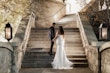 Groom Holding Hands with Bride in Opulent Stretch Satin Vintage Sheath Wedding Dress with Scoop Back called Yates by Maggie Sottero