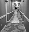 Bride wearing off the shoulder lace wedding dress