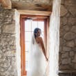 Bride in Opulent Stretch Satin Vintage Sheath Wedding Dress with Scoop Back called Yates by Maggie Sottero