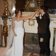 Bride Wearing Sheath and Beaded Wedding Dress Called Doritte By Maggie Sottero Dancing With Groom
