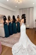 Bride Wearing Lace Fit And Flare Wedding Dress Called Fairchild By Maggie Sottero With A First Look With Her Bridesmaids