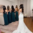 Bride Wearing Lace Fit And Flare Wedding Dress Called Fairchild By Maggie Sottero With A First Look With Her Bridesmaids