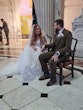 Groom with Real Bride in Floral A-Line Wedding Dress with Soft, Dreamy Layers Called Lorenza by Maggie Sottero