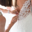 Bride wearing crepe sheath wedding dress
