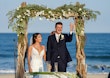 Groom with Bride at Beach Wedding Wearing Sexy Boho Wedding Dress Called Tuscany by Maggie Sottero.