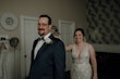 Real Bride in Illusion V-Back Sheath Wedding Gown with Lace Motifs and Side Illusion Panels Called Angie by Rebecca Ingram