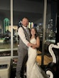 Groom with Bride in Vintage-Inspired Fitted Wedding Dress with Plunging Neckline called Veronique by Maggie Sottero