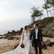 Bride On Beach With Groom In Strapless Wedding Dress Called Monaco By Maggie Sottero