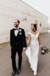 Groom With Bride Wearing Sheath Lace Wedding Dress Celeste By Maggie Sottero