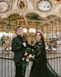 Bride Wearing Black Lace Wedding Dress Called Zander Lane By Sottero And Midgley With Groom Wearing A Black Suit