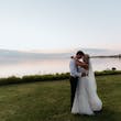 Groom With Bride Wearing A-Line Lace Wedding Dress Marisol By Rebecca Ingram
