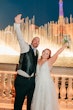 Groom and Bride at a Las Vegas Wedding Wearing Lace Ballgown Called Ellen by Rebecca Ingram