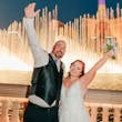 Groom and Bride at a Las Vegas Wedding Wearing Lace Ballgown Called Ellen by Rebecca Ingram