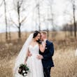 Bride Wearing Ballerina-inspired Romantic Wedding Dress Called Fairbanks By Maggie Sottero In A Field With Groom