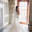 Bride in Opulent Stretch Satin Vintage Sheath Wedding Dress with Scoop Back called Yates by Maggie Sottero